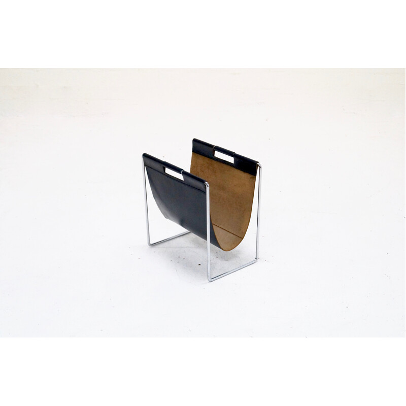 Vintage Magazine Rack in Leather & Chrome by Brabantia - 1970s