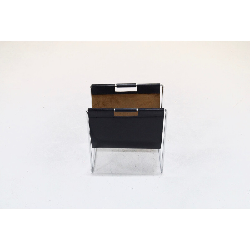 Vintage Magazine Rack in Leather & Chrome by Brabantia - 1970s
