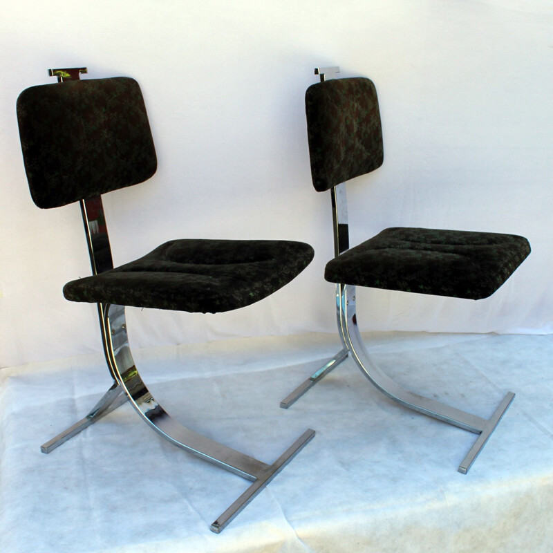 Pair of vintage chairs in steel and brown fabric - 1970s