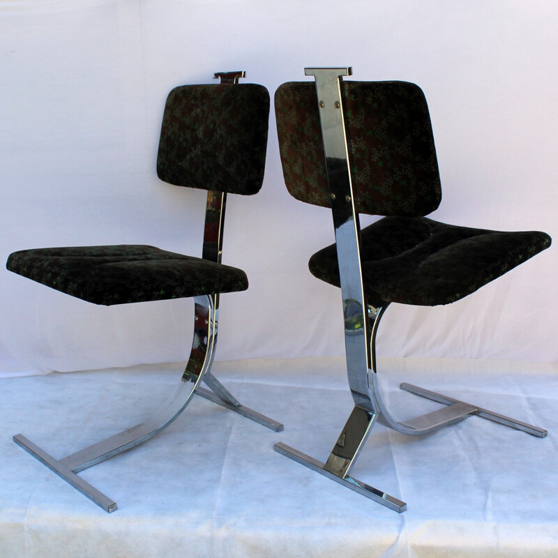 Pair of vintage chairs in steel and brown fabric - 1970s