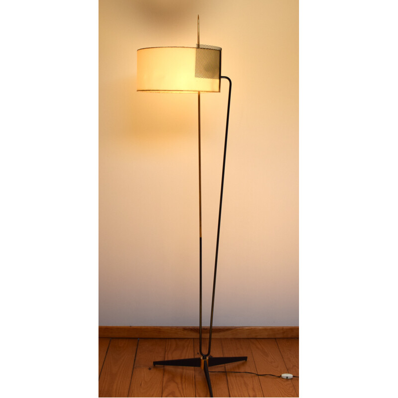 Lampadaire vintage Arlus en métal noir et laiton - 1950