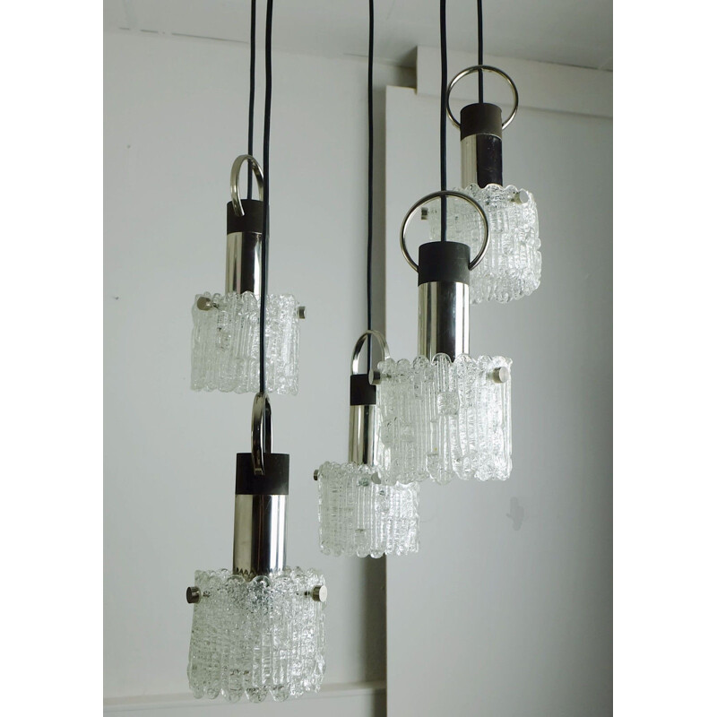 5-light pendant lamp in ice glass, chrome and metal - 1960s