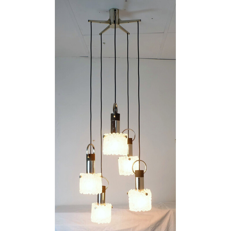 5-light pendant lamp in ice glass, chrome and metal - 1960s