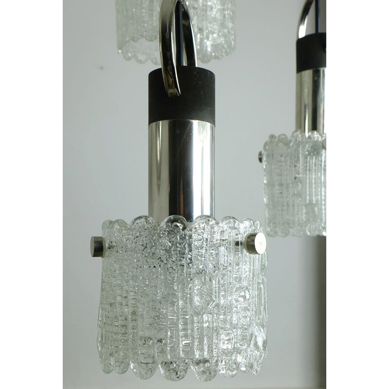 5-light pendant lamp in ice glass, chrome and metal - 1960s