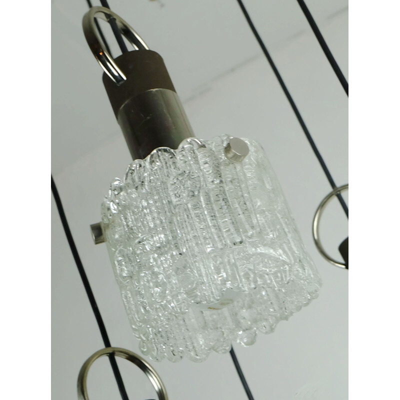 5-light pendant lamp in ice glass, chrome and metal - 1960s