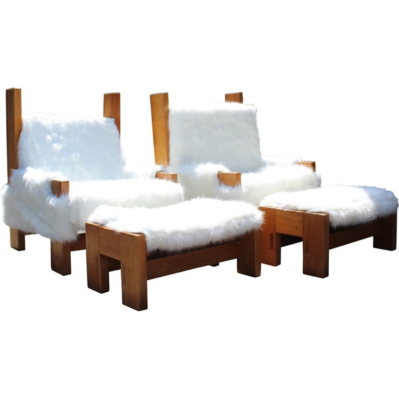 Paire de fauteuils avec ottoman en bois et en tissu blanc - 1960