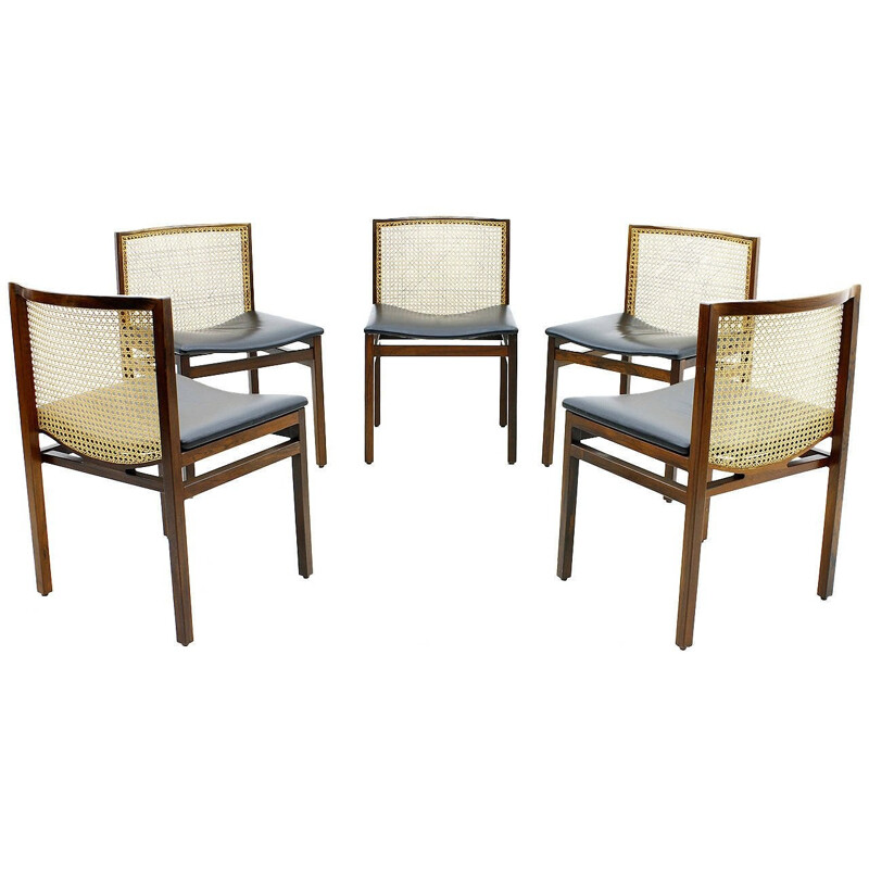 Set of five scandinavian dining Chairs, rosewood, cane and leather - 1960s