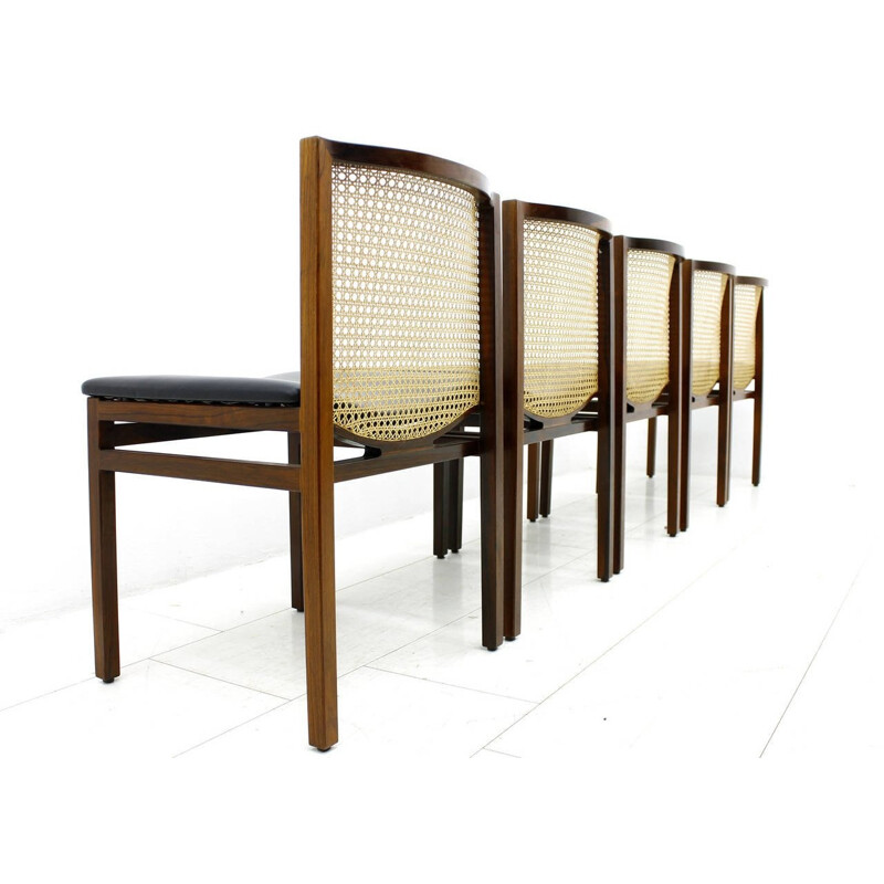 Set of five scandinavian dining Chairs, rosewood, cane and leather - 1960s