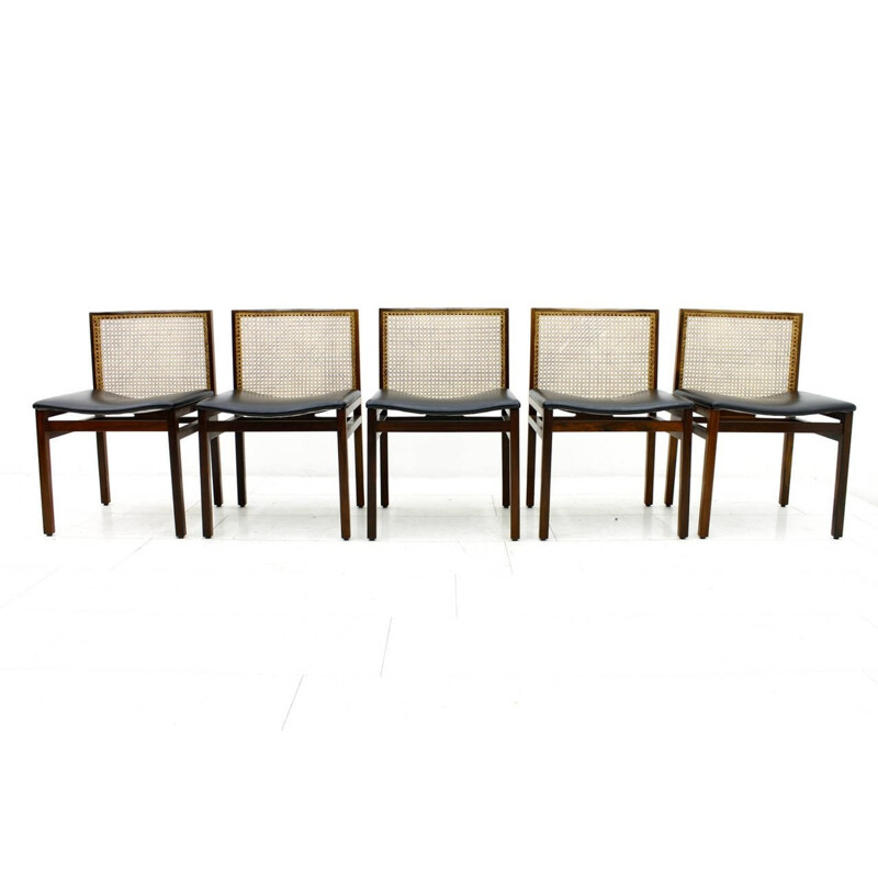 Set of five scandinavian dining Chairs, rosewood, cane and leather - 1960s