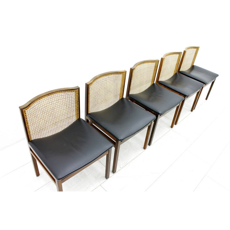 Set of five scandinavian dining Chairs, rosewood, cane and leather - 1960s