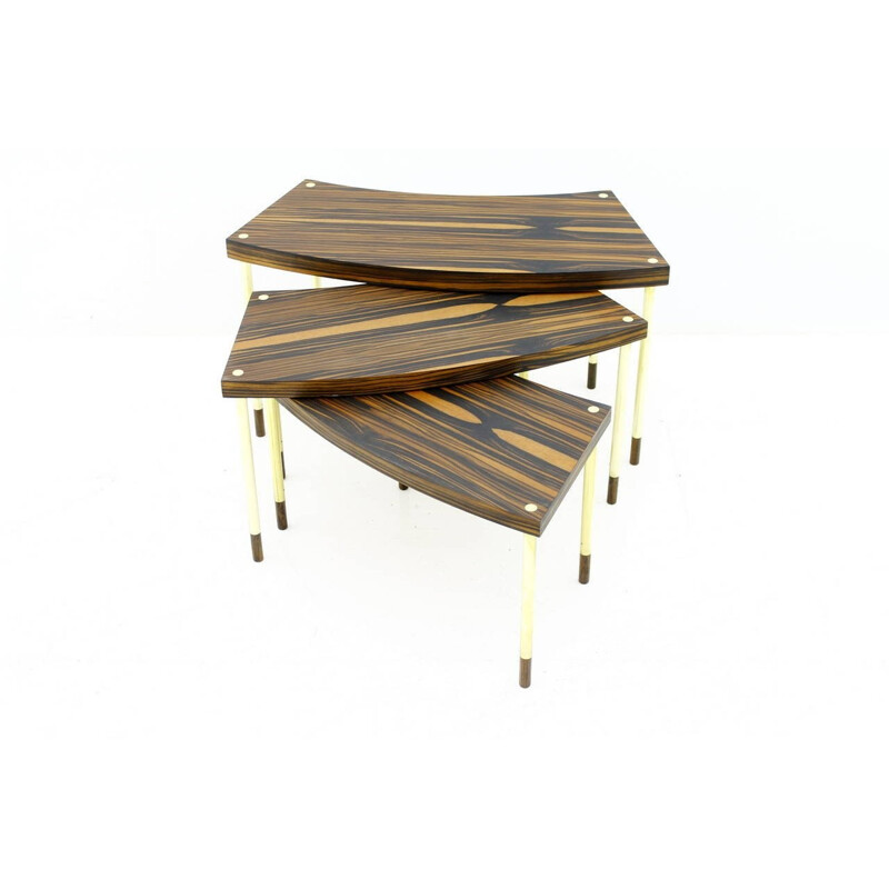 Set of Vintage Nesting Tables in Brass, Macassar and Rosewood - 1970s