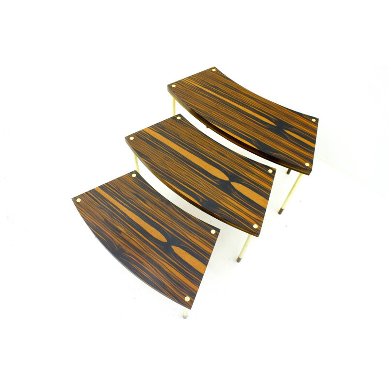 Set of Vintage Nesting Tables in Brass, Macassar and Rosewood - 1970s