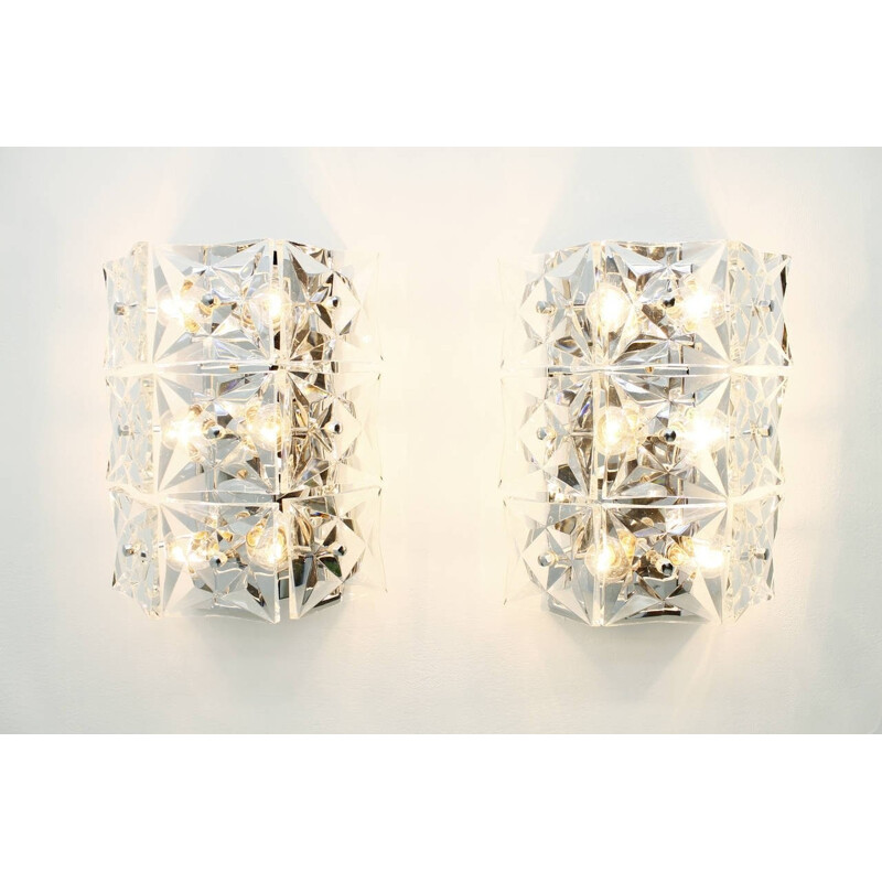 Pair of Vintage Large Crystal Glass Wall Lamps by Kinkeldey - 1960s