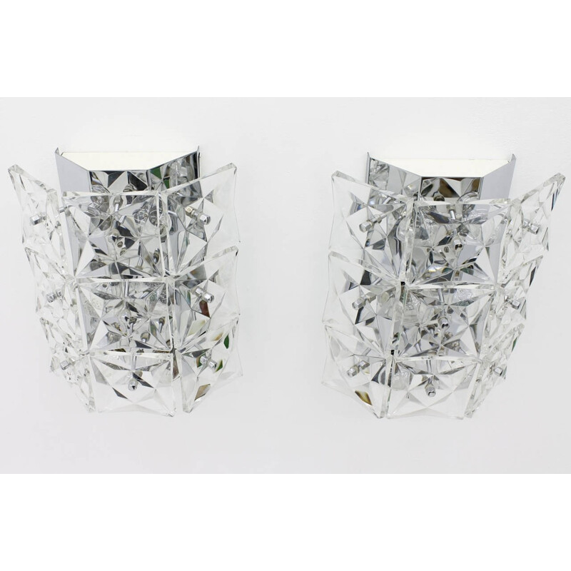 Pair of Vintage Large Crystal Glass Wall Lamps by Kinkeldey - 1960s