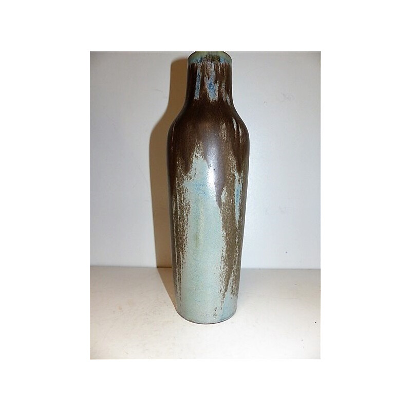 Denbac vintage enameled sandstone vase by René Denert - 1930s