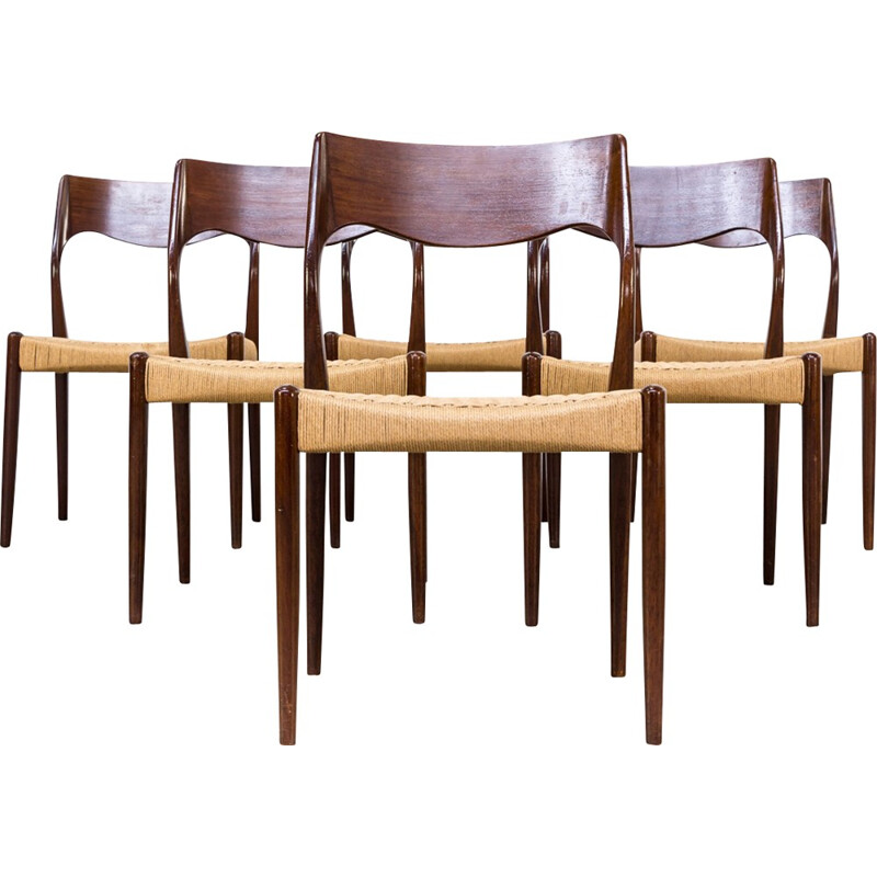 Set of 6 dining chairs in rosewood and rope - 1960s