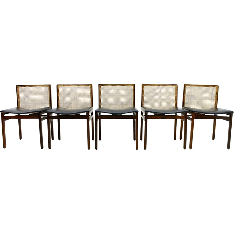 Set of five scandinavian dining Chairs, rosewood, cane and leather - 1960s