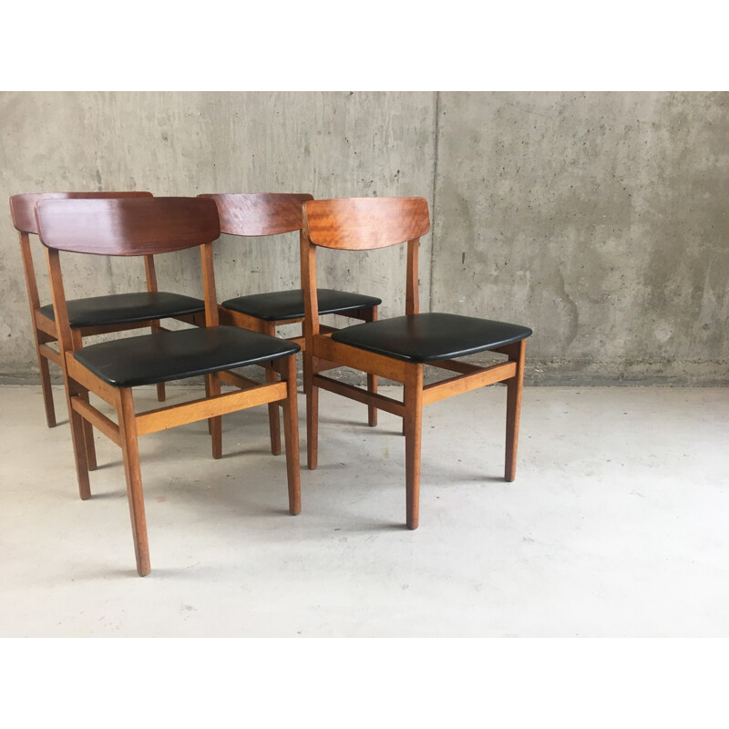 4 Czech black vinyl and teak dining chairs by Ligna Drevounia - 1960s