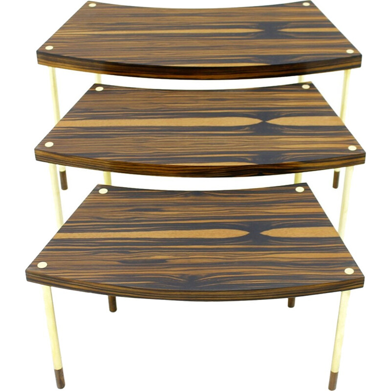 Set of Vintage Nesting Tables in Brass, Macassar and Rosewood - 1970s