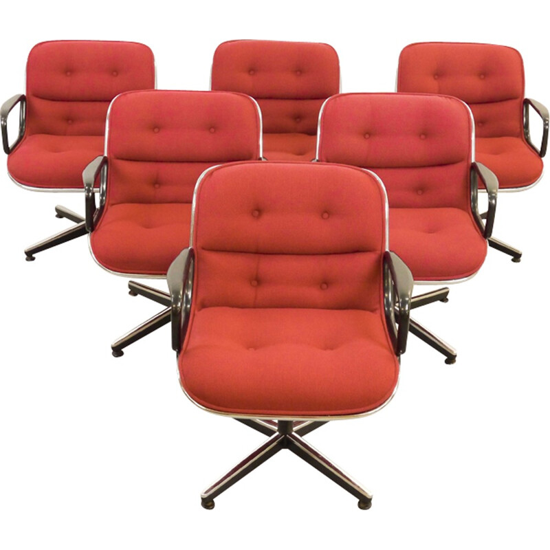 Set 6 red swivel chairs by Charles Pollock for Knoll International - 1960s