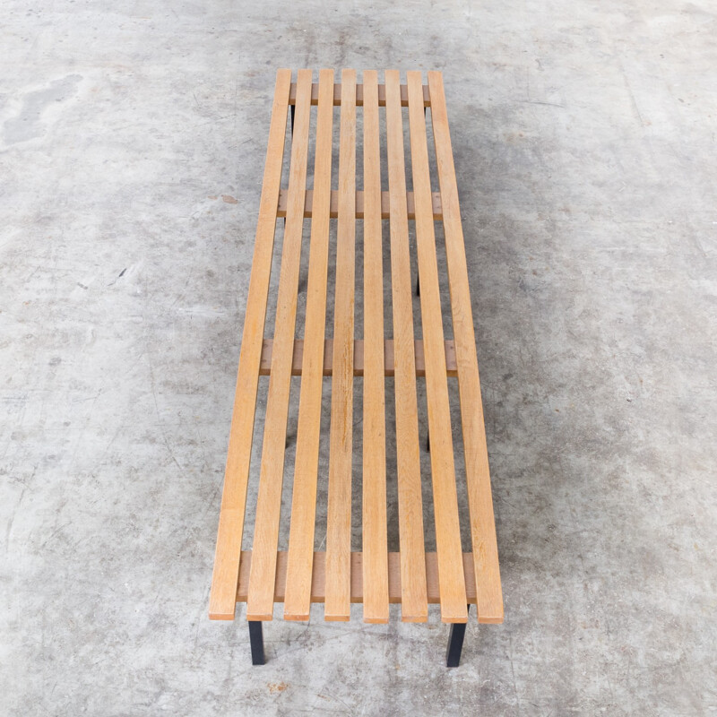 Mid Century wooden slatted bench with fabric cushion - 1970s