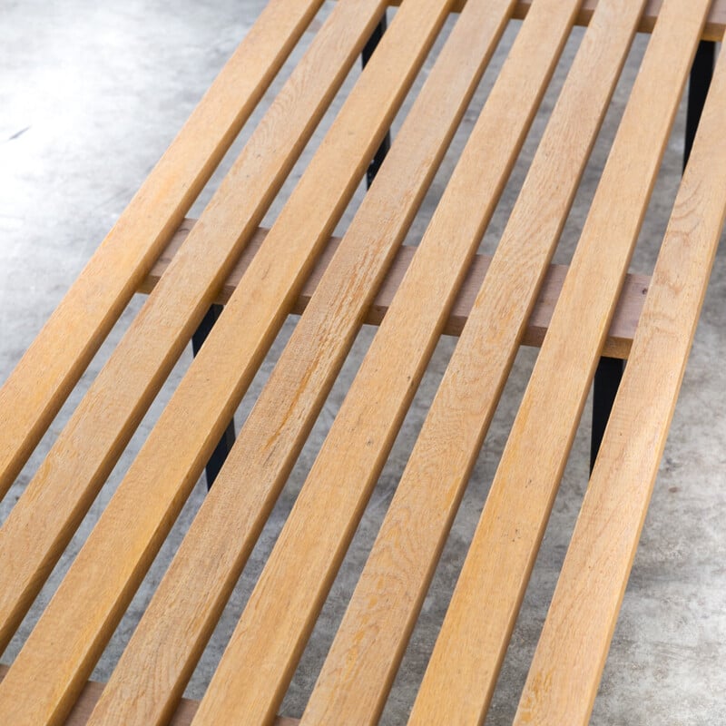 Mid Century wooden slatted bench with fabric cushion - 1970s