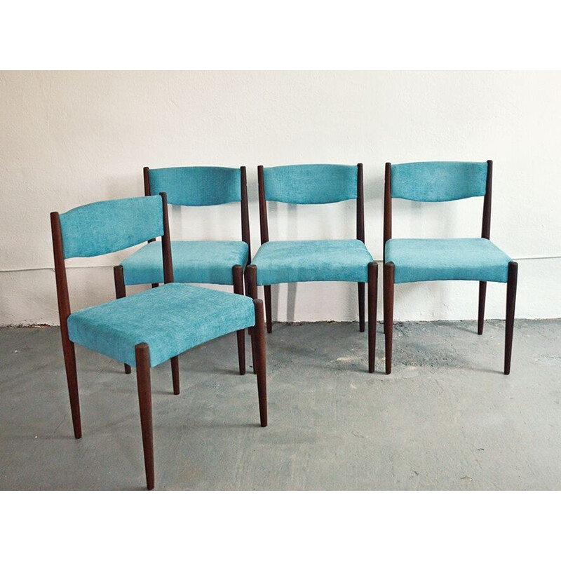 Set of 4 vintage blue chairs in teak - 1960s