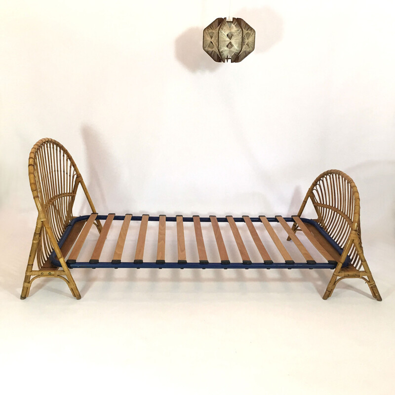 Rattan basket single bed, France - 1960s