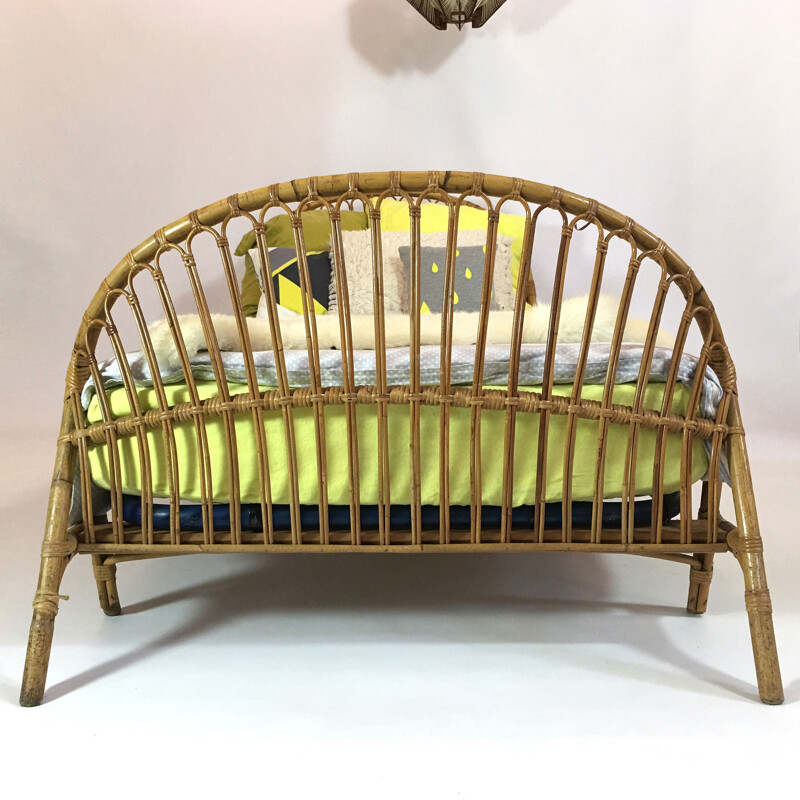 Rattan basket single bed, France - 1960s