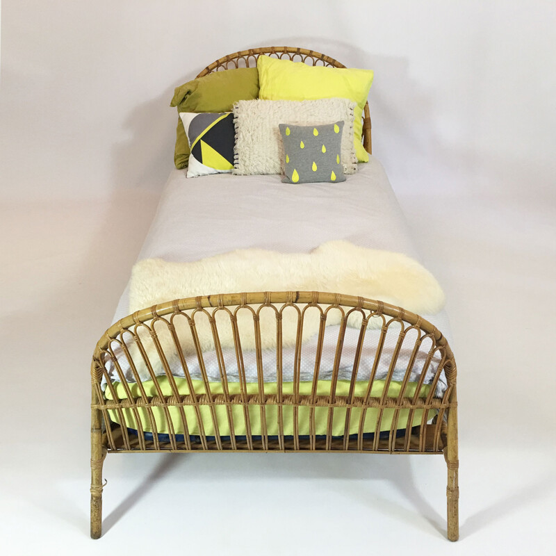 Rattan basket single bed, France - 1960s