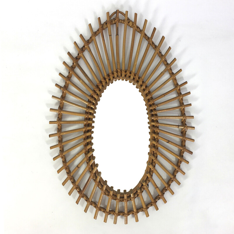 Vintage feather rattan mirror, France - 1960s