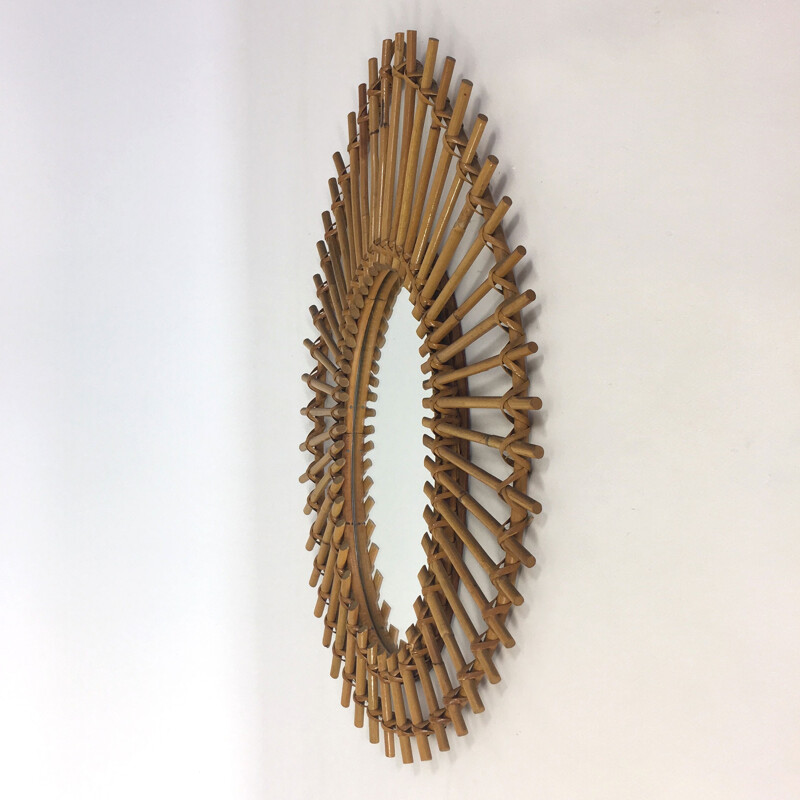 Vintage feather rattan mirror, France - 1960s