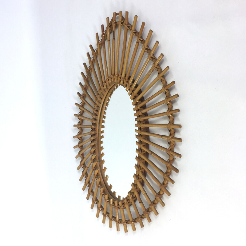 Vintage feather rattan mirror, France - 1960s