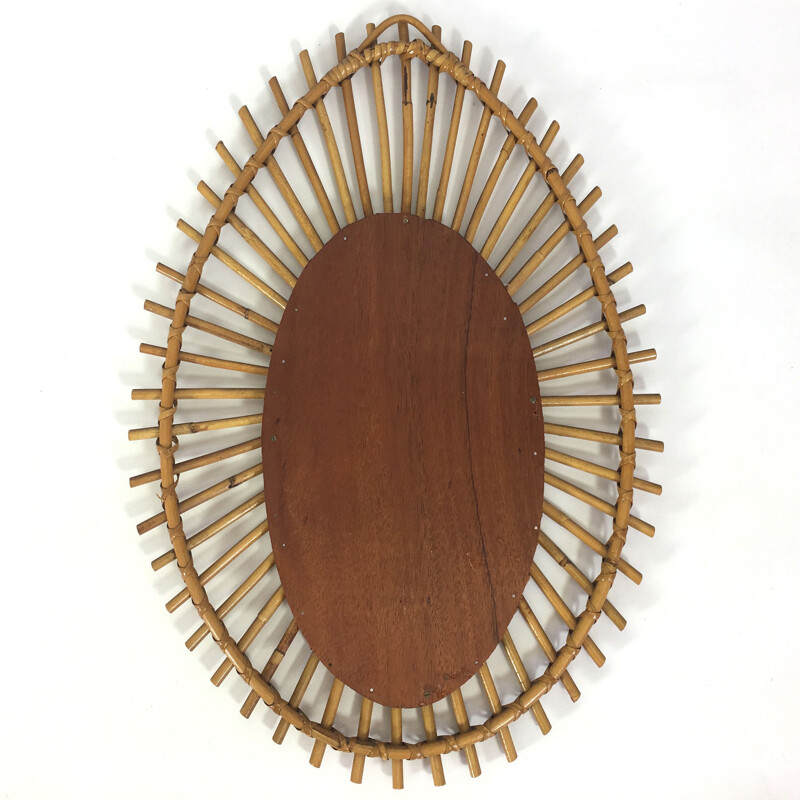 Miroir rotin vintage plume, France - 1960s