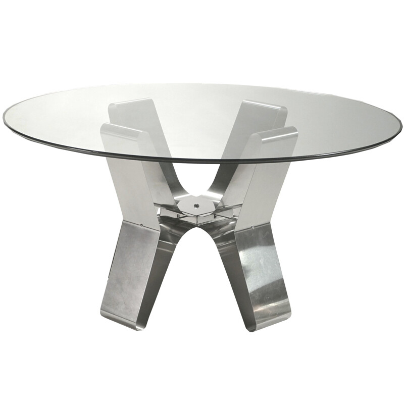 Dining room table in brushed steel, François MONNET - 1970s