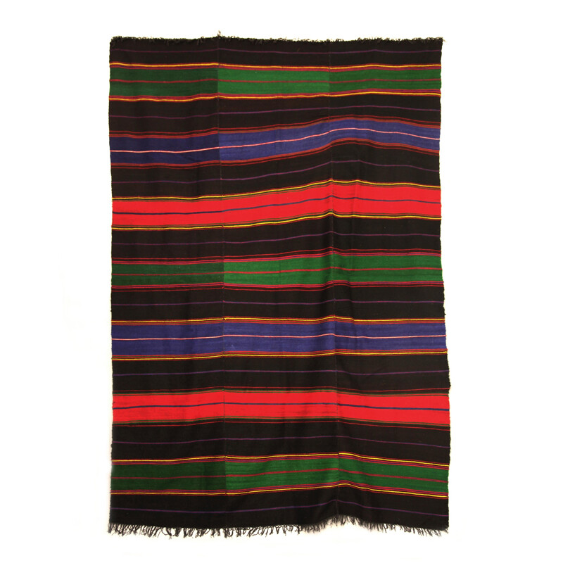 Large rug in tricolor and black wood, handemade - 1950s