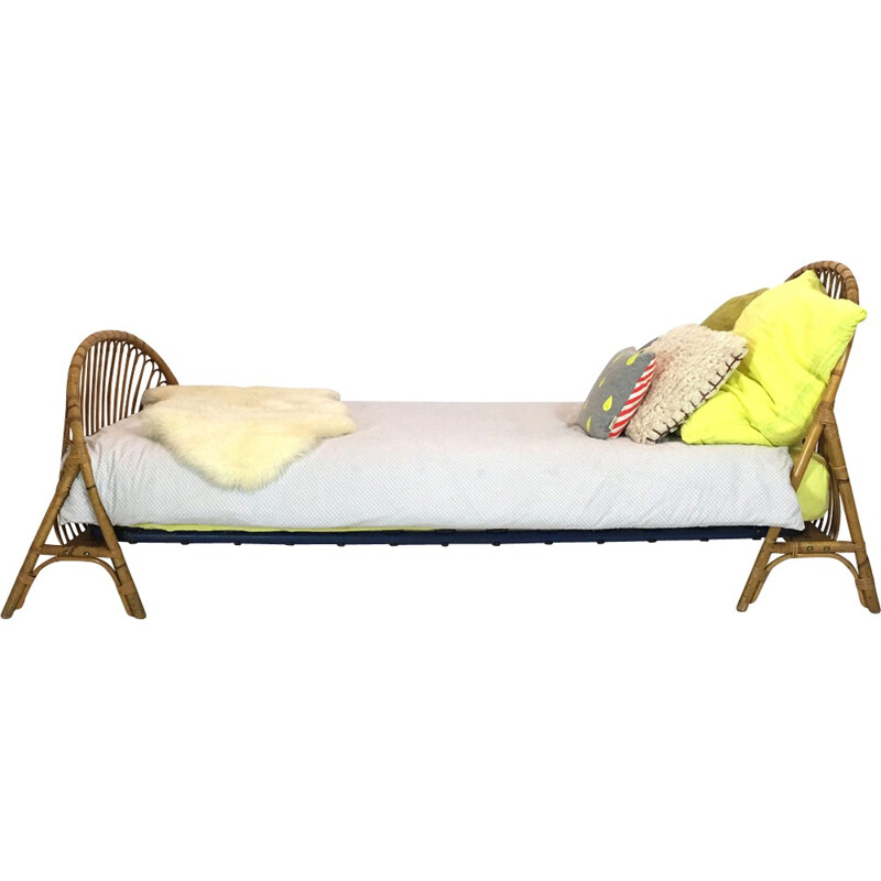 Rattan basket single bed, France - 1960s
