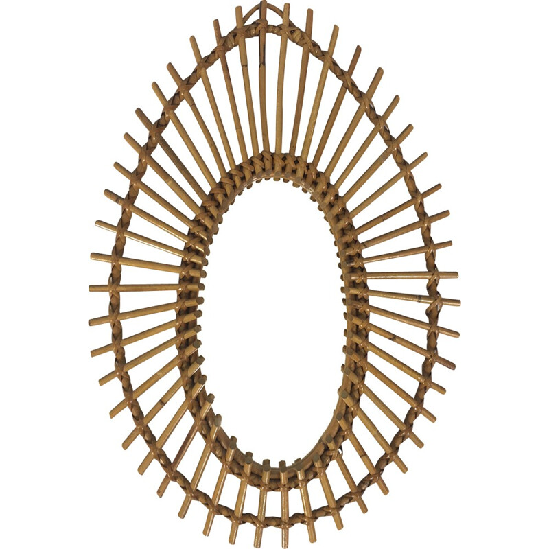 Vintage feather rattan mirror, France - 1960s