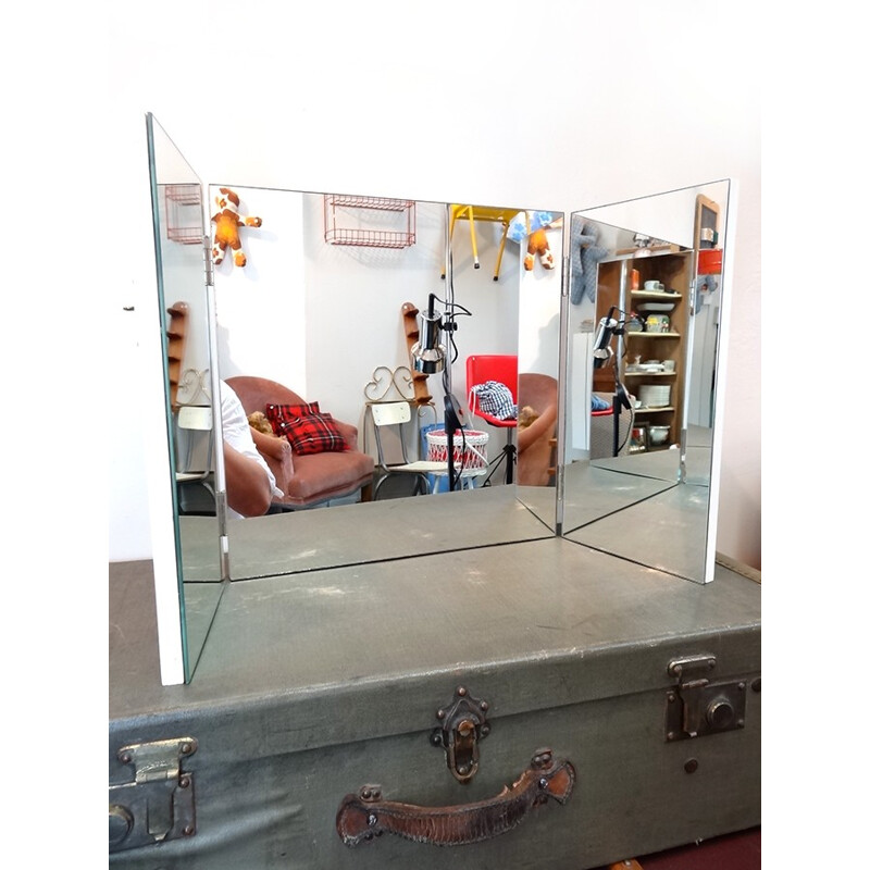 Vintage Triptych mirror with wood backrest - 1960s