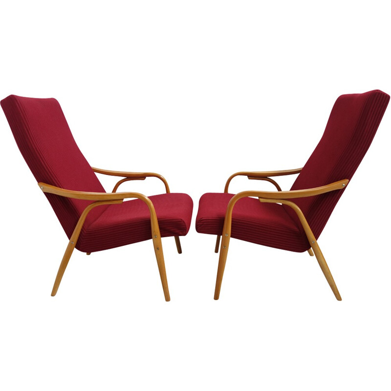 Set of two red "TON" chairs in beechwood and fabric - 1960s