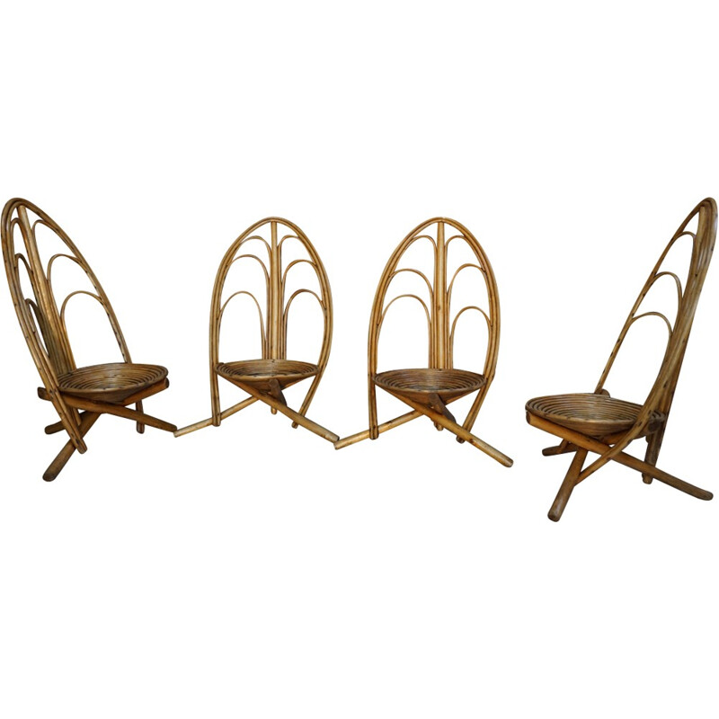 Ensemble de 4 chaises de jardin en rotin - 1960