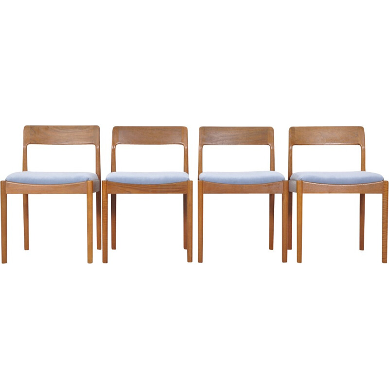 Ensemble de 4 chaises à repas bleues en teck et tissu par Johannes Norregaard pour Norregaard Mobelfabrik - 1960