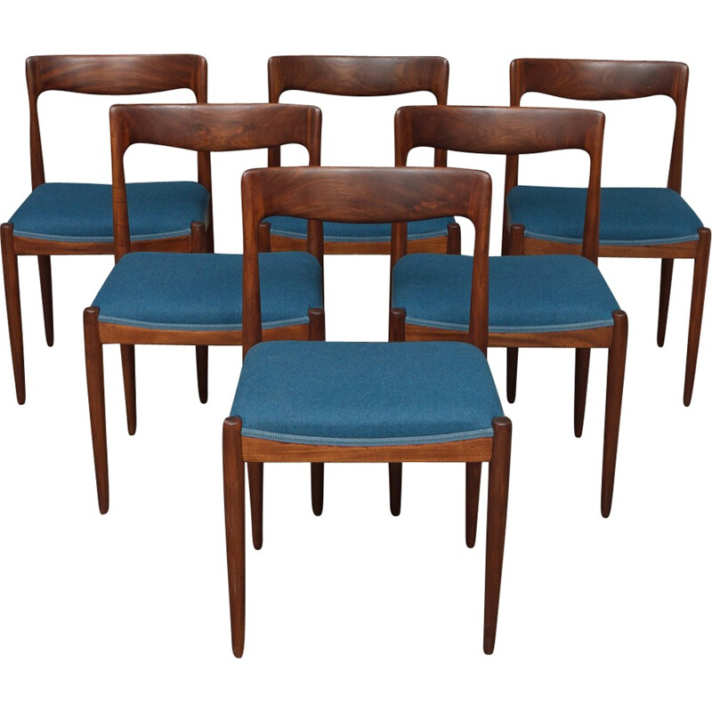 Set of 6 blue chairs in teak and wool by Arne Vodder for Vamo - 1960s