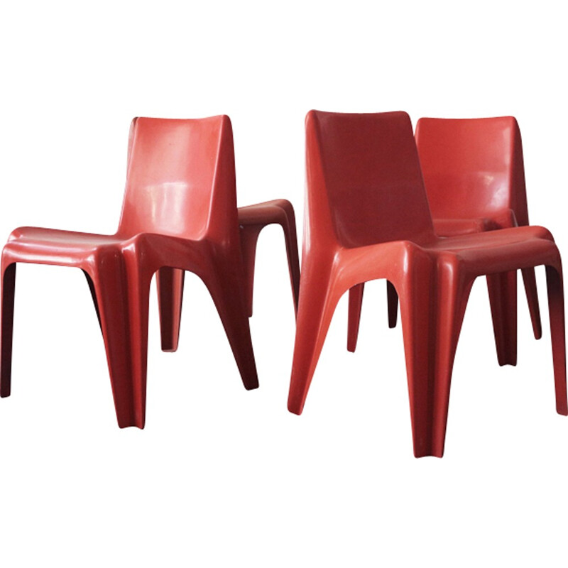 Set of 4 red one-piece chairs by Batzner - 1960s