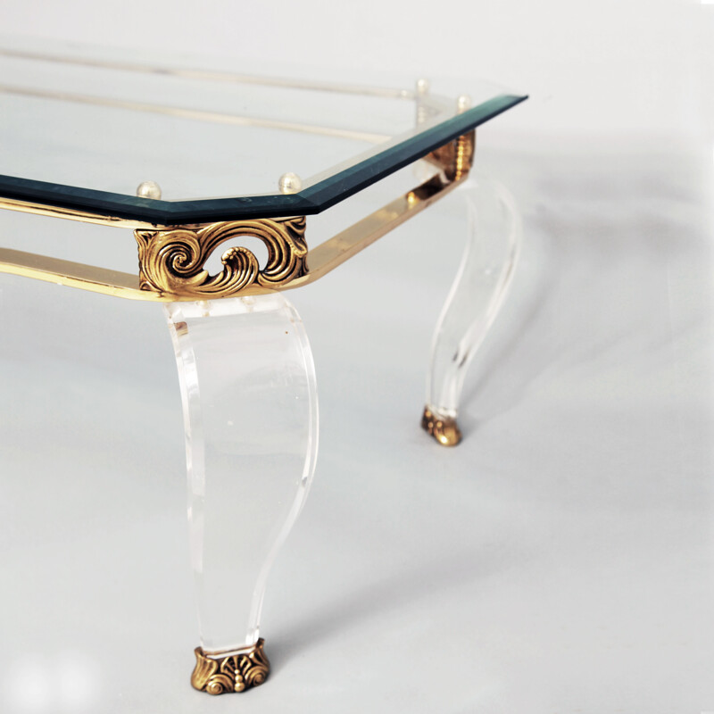 Brass & Curved Lucite Legs Coffee Table - 1960s