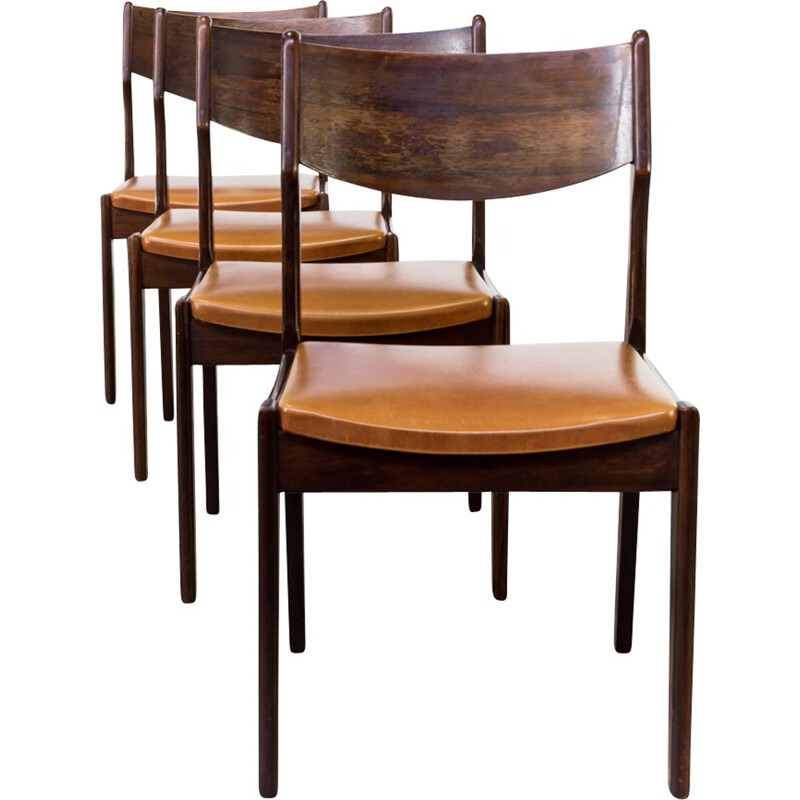 Lot de 4 chaises à repas en simili cuir et en teck - 1960
