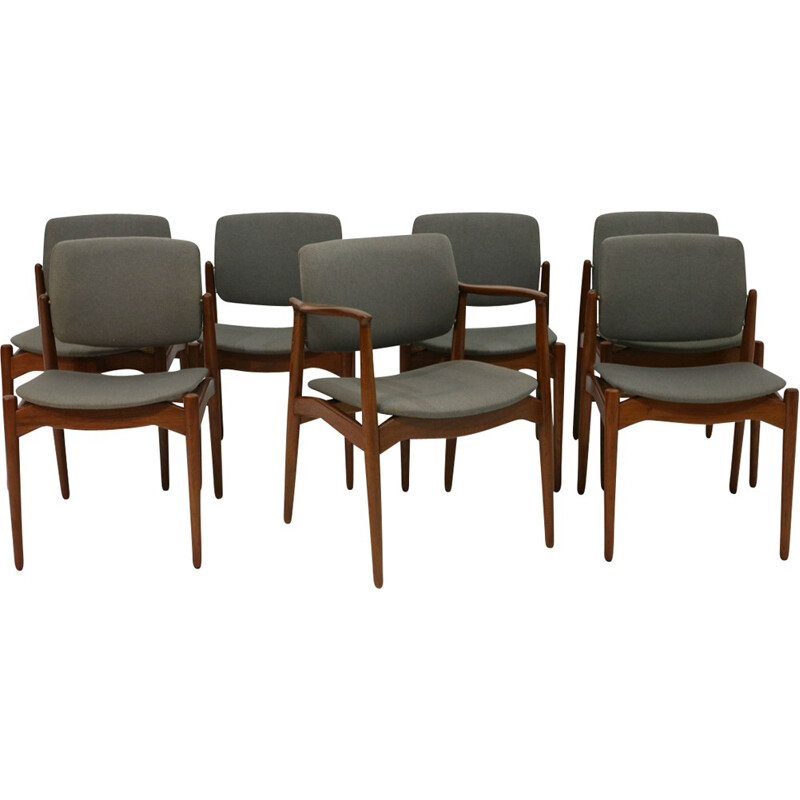 Set of 7 dining chairs with grey seat by Erik Buch for Orum Mobler - 1960s