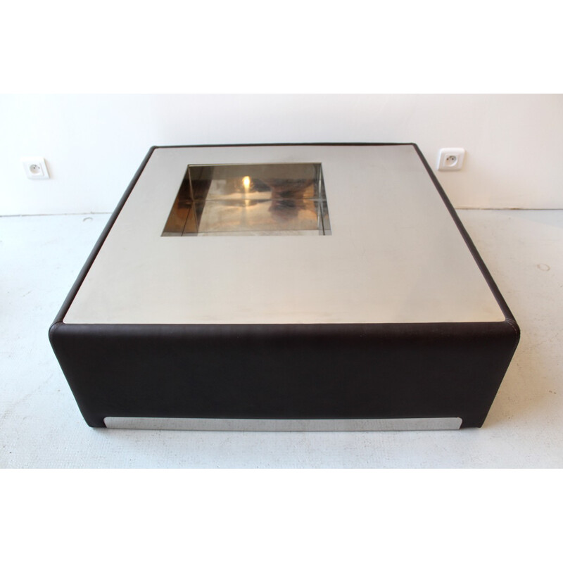 Vintage stainless steel and leather coffee table, 1970