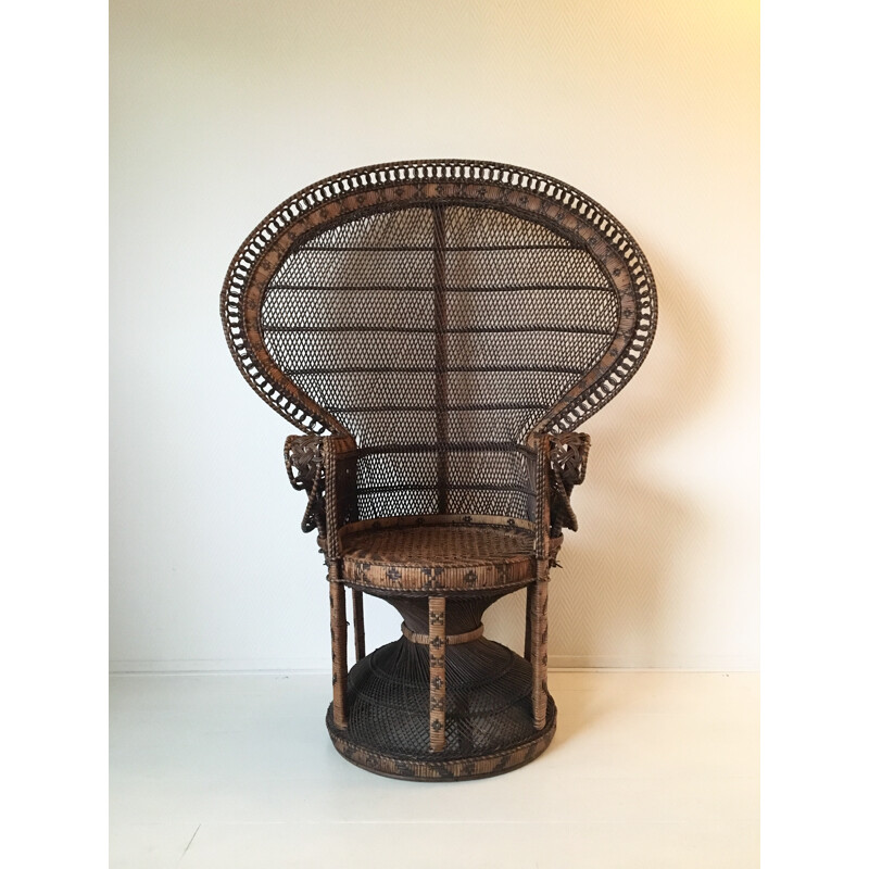 Emmanuelle or Peacock vintage brown wicker armchair - 1970s