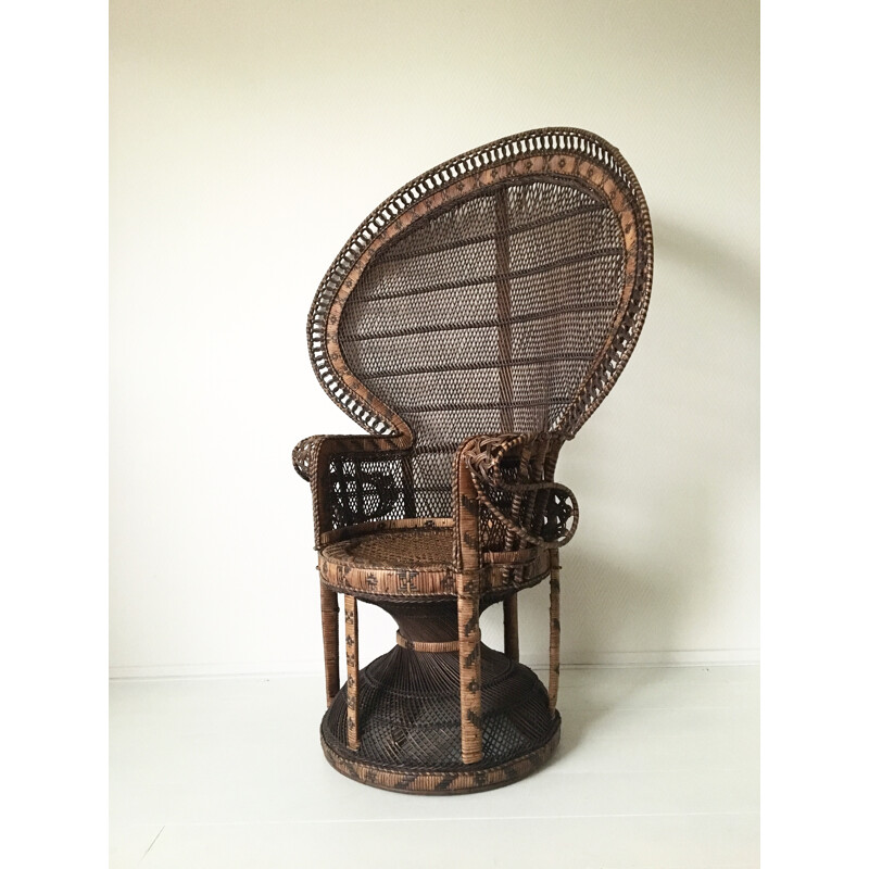 Emmanuelle or Peacock vintage brown wicker armchair - 1970s